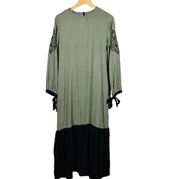 Bagiza Checker Maxi Dress Modest Tiered Black Olive Long Sleeve - 38 - Picture 1 of 7
